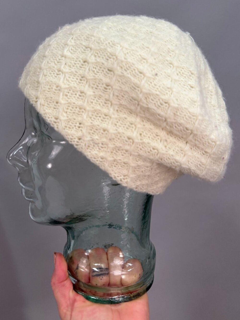 Vintage Y2K Cream Ivory Knit Slouchy Beanie Hat Textured Oversized Boho Cap